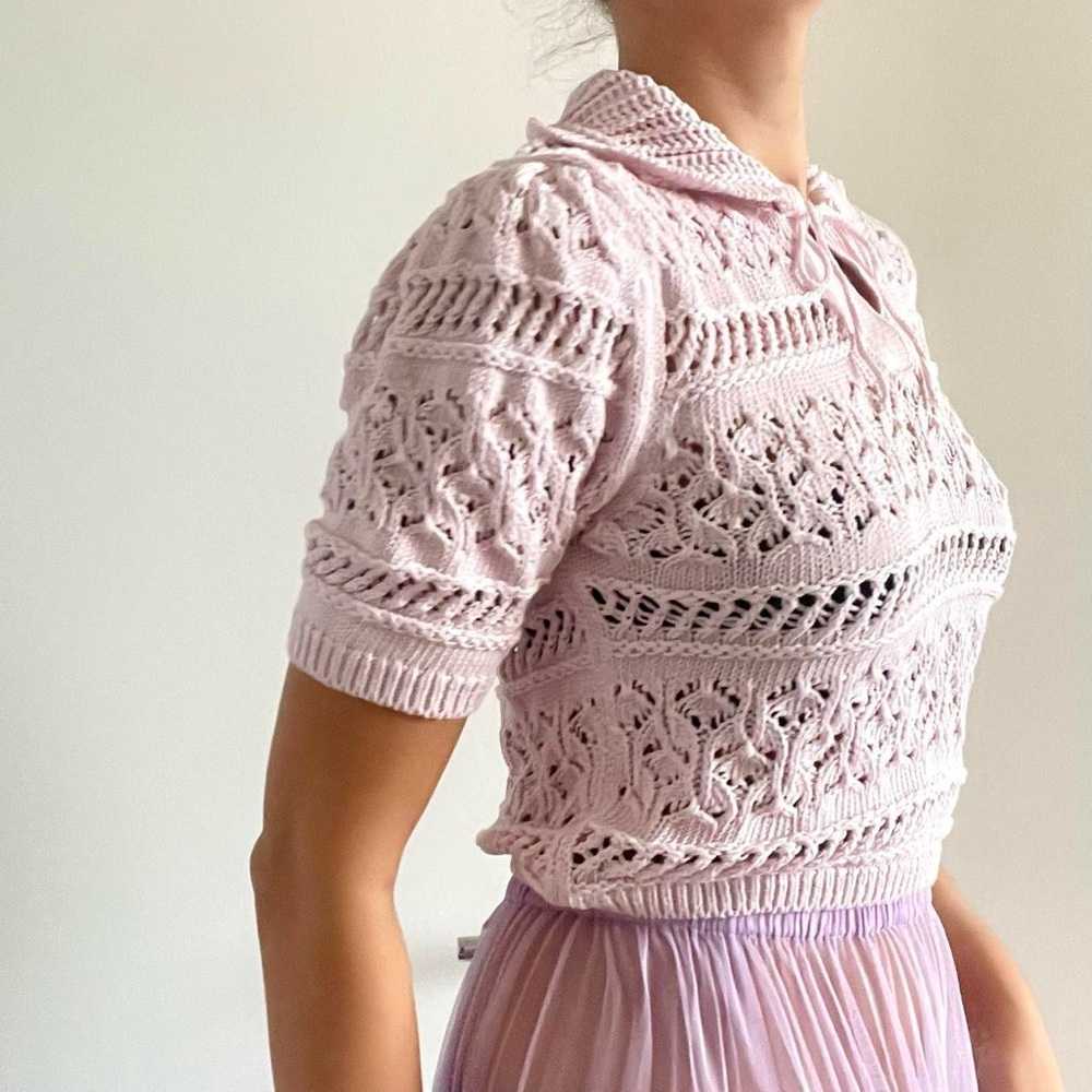 Zara | Pink lilac knitted short sleeve sweater collared top | Size M - Picture 2 of 7